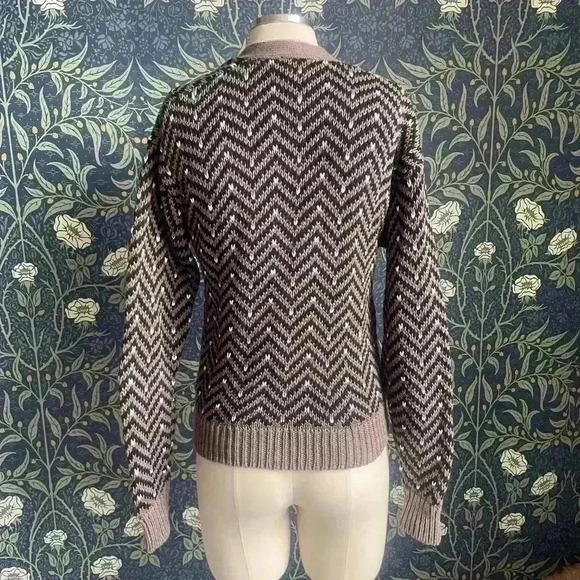 Beige Chevron Button Down Ramie & Cotton Cardigan - Picture 4 of 10